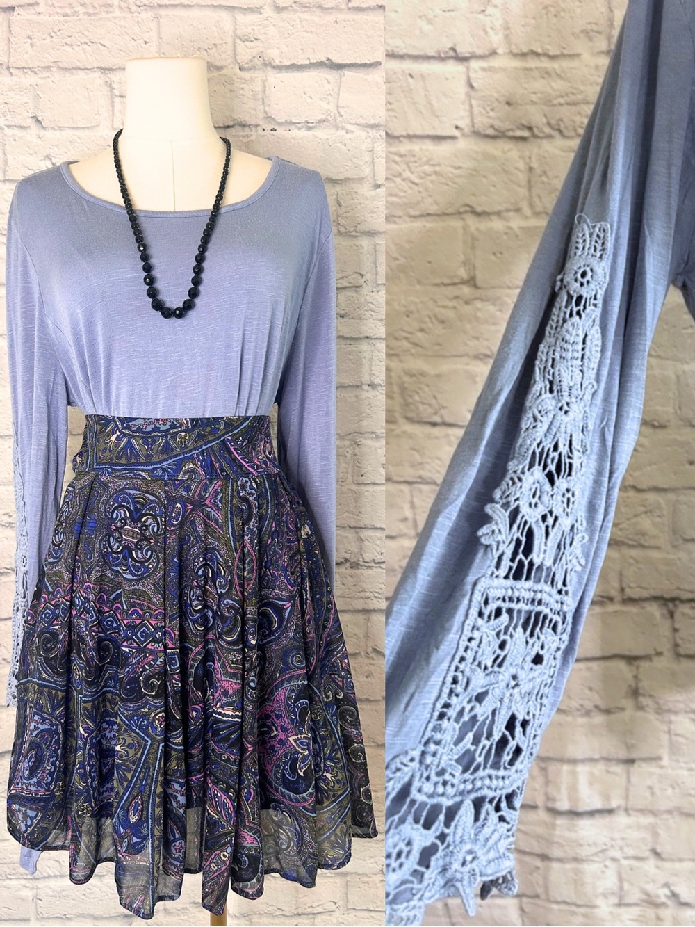 2 Piece Styled Outfit Soft Surroundings Top Crochet Sleeves Paisley Skirt Twee